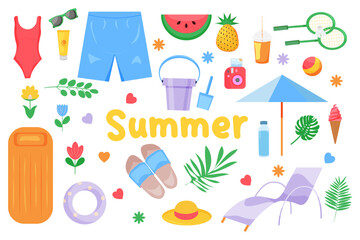 A set of cute beach elements for a summer holiday. Summer vacation or tourism. vector illustration.