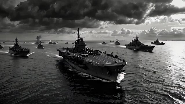 Dramatic black and white image of 2nd World War warships sailing together under ominous clouds. The 20th-century 2nd World War in the naval war. AI-generated