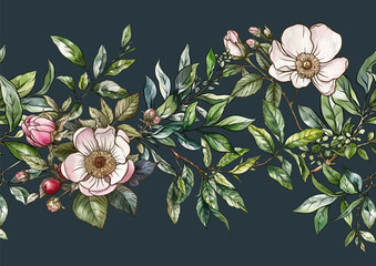 Green tea branch with leaves and wild rose flowers and berries. Seamless pattern, background. Vector illustration. In botanical style - 783066403