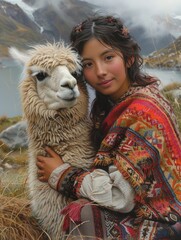 Fototapeta premium woman and an alpaca
