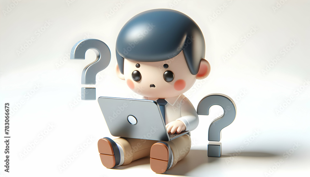 Poster 3d icon as a office worker sitting with laptop confuse with question mark. in candid daily environme