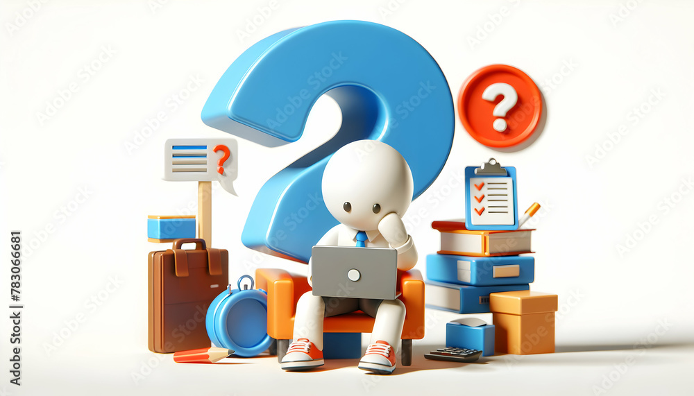 Poster 3d icon as a office worker sitting with laptop confuse with question mark. in candid daily environme