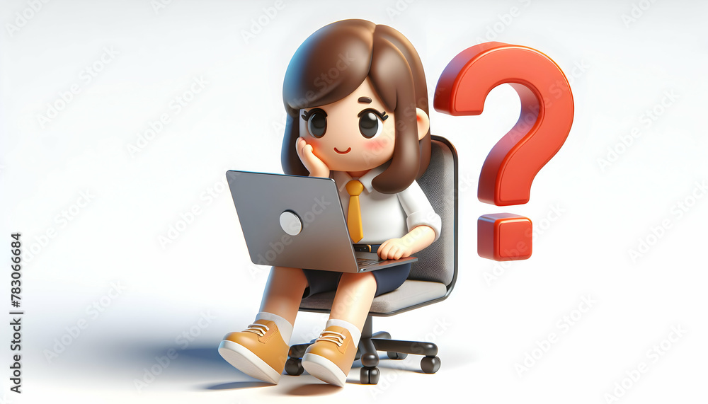 Poster 3d icon as a office worker sitting with laptop confuse with question mark. in candid daily environme
