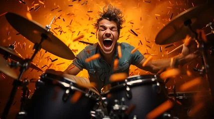 Fotobehang Drummer rehearsing on drums before rock concert. Man recording music on drum set in studio © alexkich