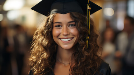 Graduate girl with master degree in black graduation robe and cap happy young woman careerist have success in her business. - obrazy, fototapety, plakaty
