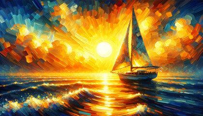 Sailboat Against Vibrant Sunset Impressionist Painting - obrazy, fototapety, plakaty