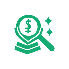 Green and White Illustration of Money Search icon