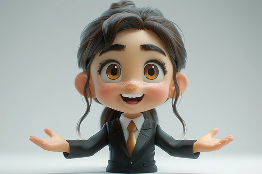 a 3D cartoon character portraying a woman in a sleek business suit, exuding professionalism and expertise as a trusted advisor in the corporate world.