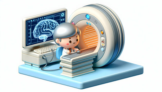 3D Rendered Neuroscientist Mapping Brain Activity with MRI Machine in Candid Daily Environment and Routine of Work, Isolated on White Background