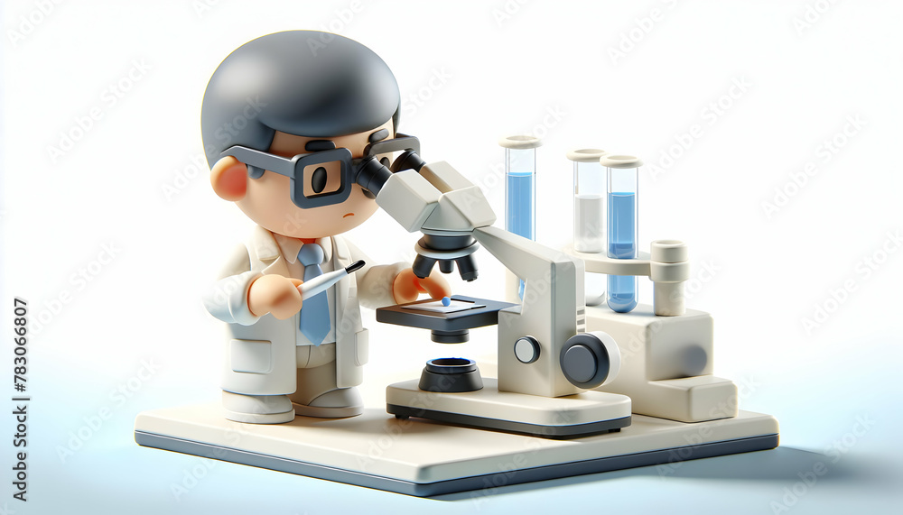 Poster scientist analyzing samples under microscope in high tech lab, candid daily environment, routine wor