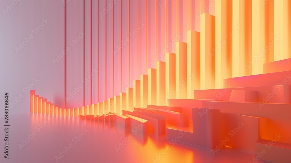 Poster a 3d line graph illustrating a rising trend from a straight-on perspective, with each segment higher