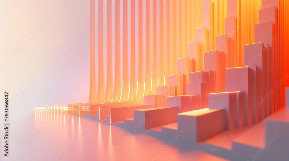 Poster a 3d line graph illustrating a rising trend from a straight-on perspective, with each segment higher