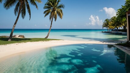 Tropical beach with palm trees and white sand at Maldives. Ocean view