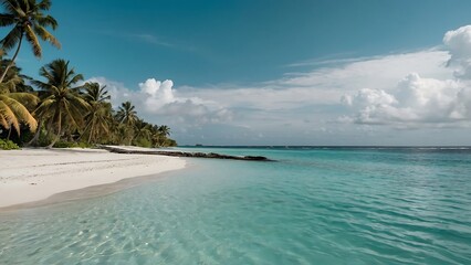 Tropical beach with palm trees and white sand at Maldives. Ocean view