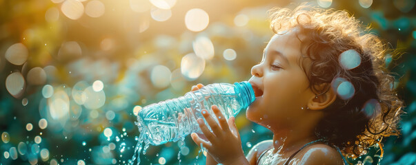 African ethnicity cute little girl standing outdoors and drinking water from the bottle. Concept of...