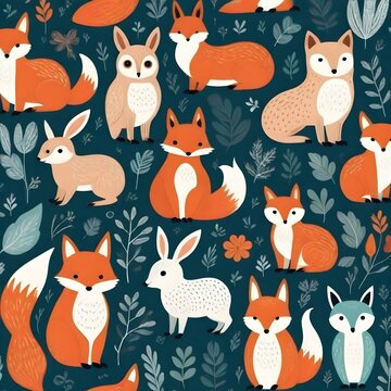 seamless pattern with fox and Rabbit