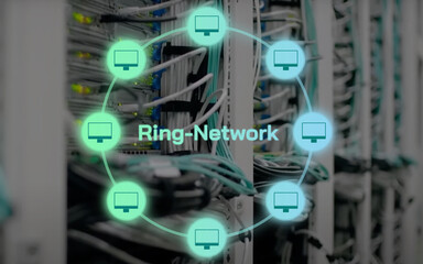 illustrated Ring-Topology and Ring-Network lettering in front of a wires and lights of server in...