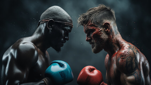 Two professional boxer boxing on color powder background,