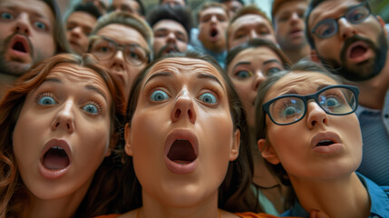 Obraz premium A group of people are staring at something. Concept of surprise and excitement, as if the group is witnessing something unexpected. candid group portrait of surprised people looking towards the center