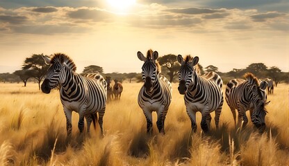 African landscape with acacia trees, zebras and blue sky - obrazy, fototapety, plakaty