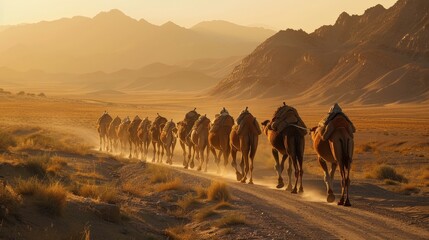 In the waning light of day, a caravan of camels and their guides make their way through the desert, a scene of quiet beauty and ancient tradition. - obrazy, fototapety, plakaty