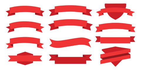 Ribbon, banner or tag vector art set. Flat red color.
