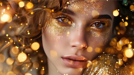 festive studio portrait with glittering gold makeup shimmering sequin top