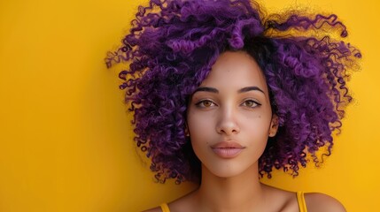 captivating studio portrait with bold purple hair contrasting soft yellow background