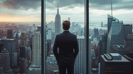 Businessman standing in front of window overlooking cityscape, contemplating future success and opportunities in urban environment - obrazy, fototapety, plakaty
