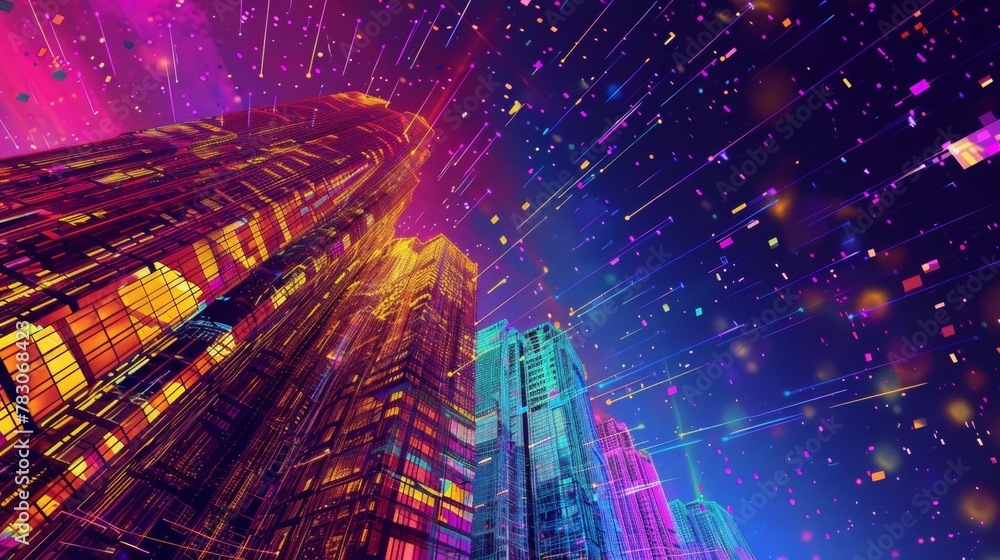 Poster a building filled with futuristic technology. in the background are colorful stars streaking across 