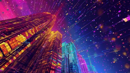 A building filled with futuristic technology. In the background are colorful stars streaking across the night sky
