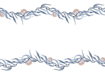 Seaweed, pearls and shells seamless horizontal pattern. Hand painted garland in watercolors. For designing fabrics, wrapping paper and wallpaper © Anastasiia