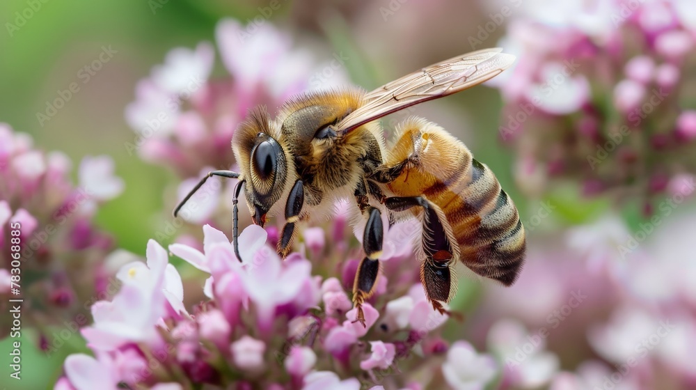 Poster In the tranquil embrace of a garden, a honey bee darts among the blooms, its diligent efforts ensuring the continuation of life's cycle.