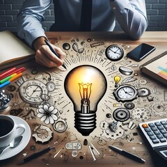Lightbulb illustration with learning icons for study knowledge to creative thinking idea and problem solving solution concept, ai generated, ideas
