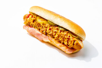 hot dog on a white background with different toppings