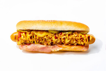 hot dog on a white background with different toppings
