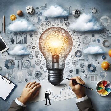 Lightbulb illustration with learning icons for study knowledge to creative thinking idea and problem solving solution concept, ai generated, ideas