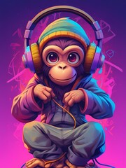Happy monkey anime wearing a purple hoodie and headphones, hip hop style, DJ