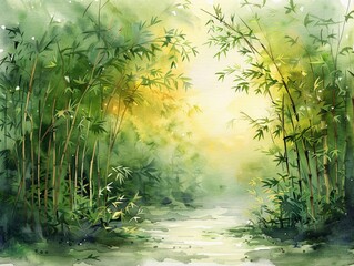 A dense bamboo grove, captured in watercolor, evoking tranquility and natural beauty in the style of minimal watercolor clipart on white background