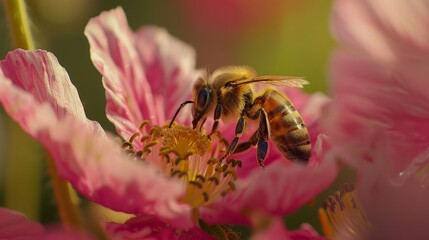 In the tranquil embrace of a garden, a honey bee darts among the blooms, its diligent efforts ensuring the continuation of life's cycle.