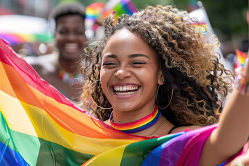 Multiracial young woman smile holding rainbow flag celebrating LGBTQ Pride Parade. Generative AI.