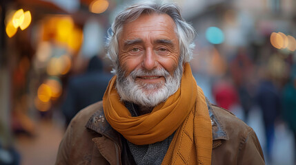 A man with a hat and scarf is smiling. He looks happy and content. The image has a warm and friendly mood. an old man, casual but elegant look. He is looking at the camera and smiling. Fresh look. - obrazy, fototapety, plakaty