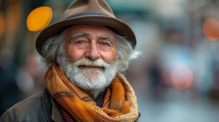 A man with a hat and scarf is smiling. He looks happy and content. The image has a warm and friendly mood. an old man, casual but elegant look. He is looking at the camera and smiling. Fresh look.