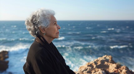 Fototapeta premium Senior lady peacefully admiring the expansive ocean view from the serene sandy coastline