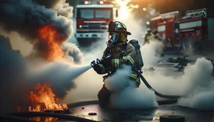 Brave Firefighter in Action Extinguishing Flames with Smoke Billowing Around in Candid Daily Work Environment - obrazy, fototapety, plakaty