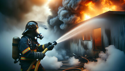 Authentic Firefighter Extinguishing Flames in Daily Work Routine with Real Smoke � Stock Photo - obrazy, fototapety, plakaty