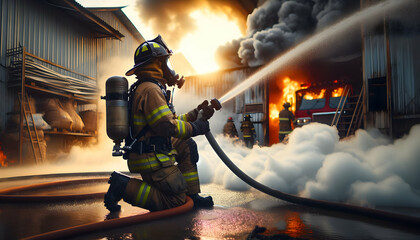 Authentic Representation of a Firefighter in Action Extinguishing Flames with Smoke Billowing Around in a Candid and Routine Work Environment - obrazy, fototapety, plakaty