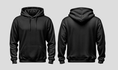 Set of front and back black hoodie hoody sweatshirt on white background for design template and mockup for advertisement promotion.