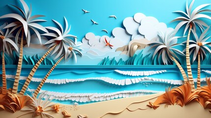 Fototapeta na wymiar Vibrant 3d paper cut summer beach collage craft illustration with trendy handmade details