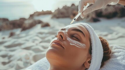 Beauty salon on a beach with white sand, beautician makes injections with a syringe on a model